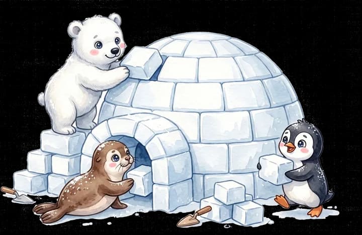 StudyPolar's penguin, polar bear and seal mascots finishing an igloo, every block mastered